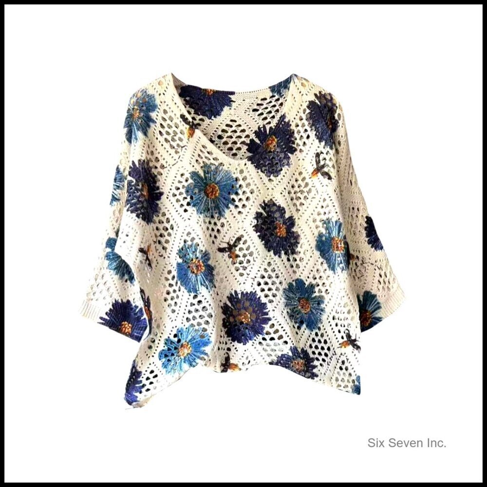 Floral Crochet Boho Sweater V Neck 3/4 Sleeve Lightweight Hollow Out Knit Top